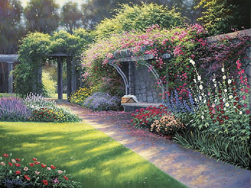 庭の夢、ベンチ、歩道、庭、草、花のブッシェル、つる、石、木、花、壁 高画質の壁紙