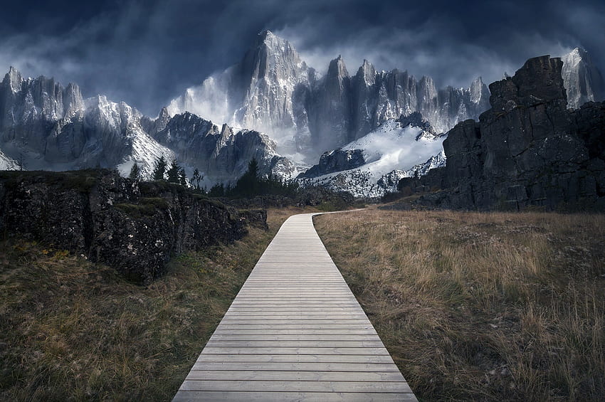Wooden path, mountains, landscape HD wallpaper