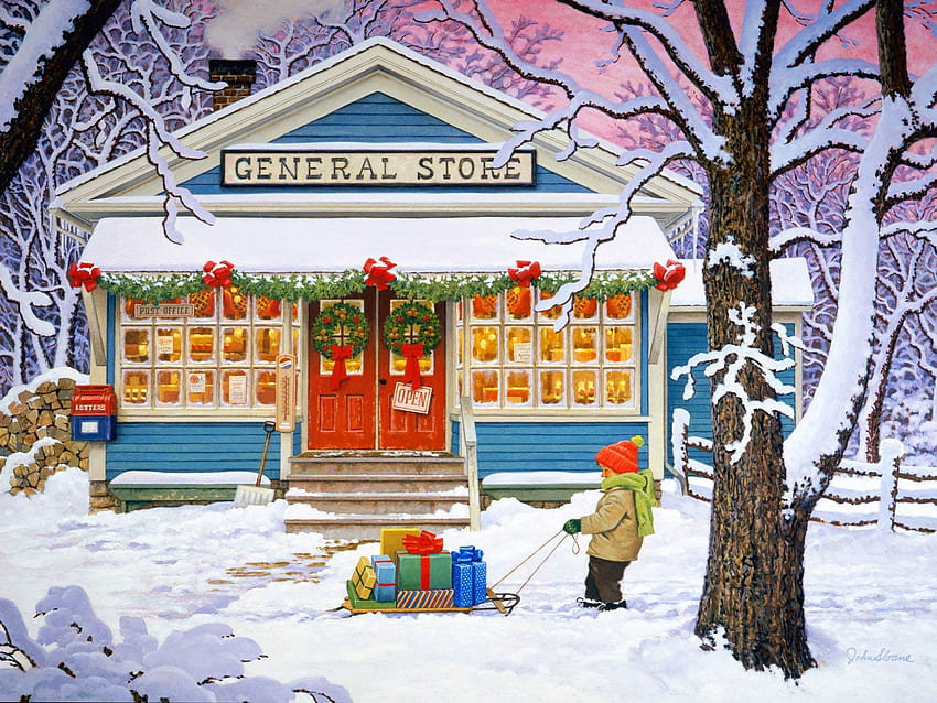 General Store, winter, decoration, sleigh, painting, snow, christmas, gifts, child HD wallpaper