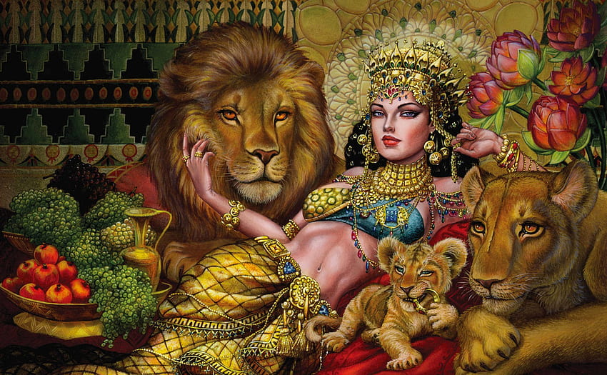 Reine de Saba, art, fille, lion, femme, sheba, numérique, jolie, fantaisie, reine Fond d'écran HD