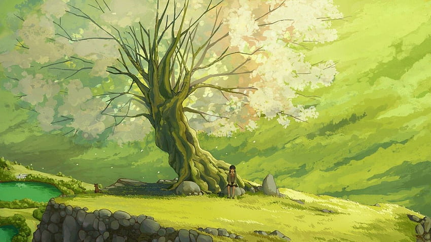 Łańcuchowa smutna dziewczyna siedzi pod drzewną scenerią anime, zielona sceneria anime Tapeta HD
