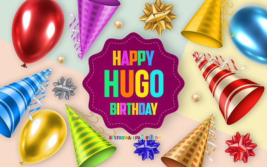 Happy Birtay Hugo, Birtay Balloon Background, Hugo, arte criativa, Happy Hugo birtay, laços de seda, Hugo Birtay, Birtay Party Background papel de parede HD