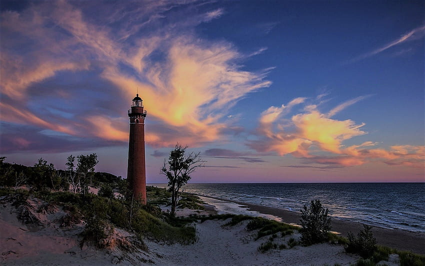 Michigan lighthouse, lighthouse, michigan, america, beach HD wallpaper