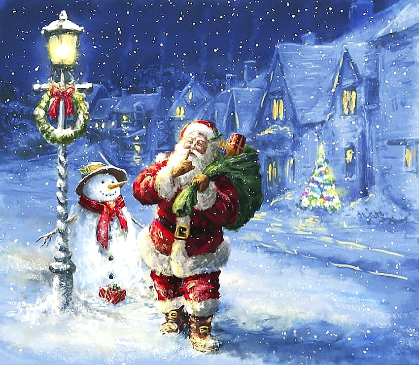 Wintertraum, Nacht, Winter, bunt, Magie, Träume, Farbe, Glück, Lampe, schön, Schneemann, Weihnachtsmann, hübsch, Schnee, Weihnachten, Dorf HD-Hintergrundbild
