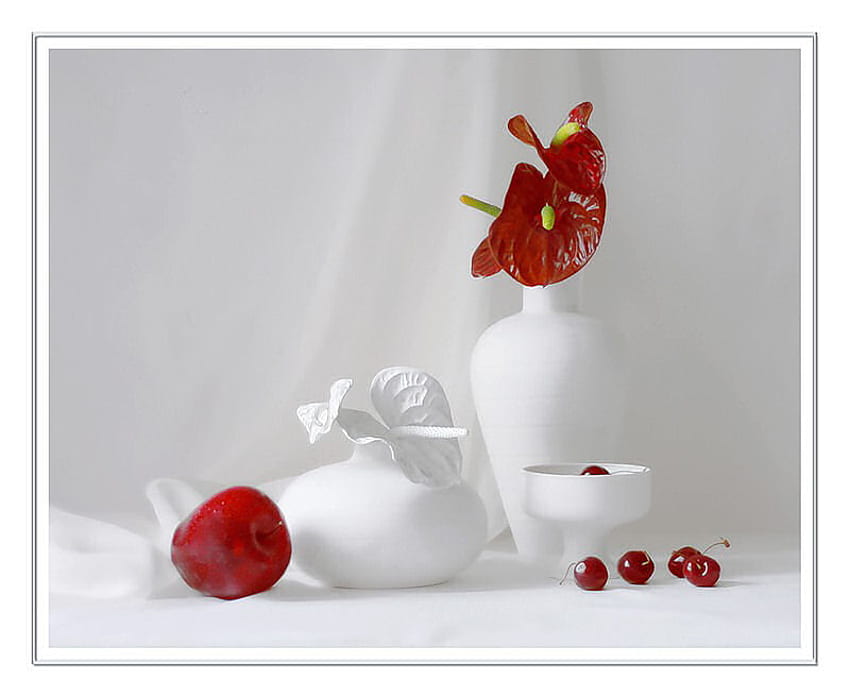 Snow red, graphy, vases, flower, anthurium, white, snowy, art, creamy, cherries, vase, fruits, cup, petal, still life, red, apple, nature HD wallpaper