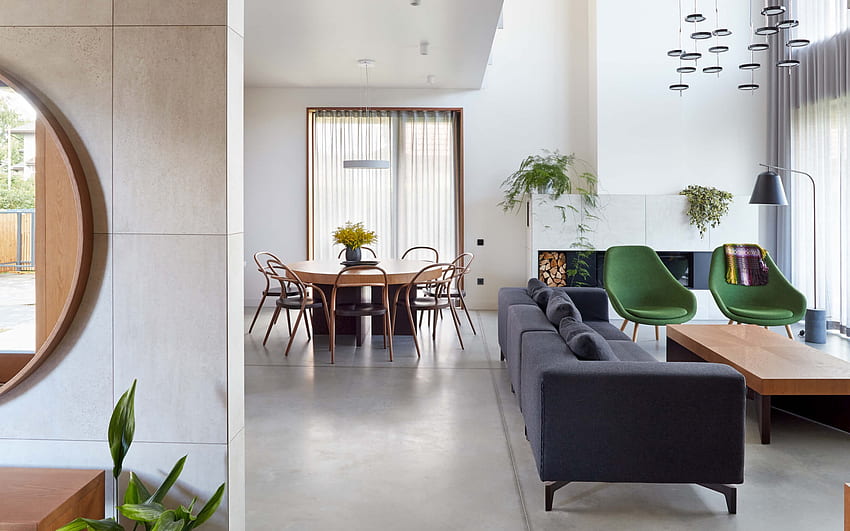 sala de estar, design de apartamento elegante, interior moderno, estilo retrô, verde retro poltronas, sala de estar design de interiores, ideia para uma sala de estar retrô papel de parede HD