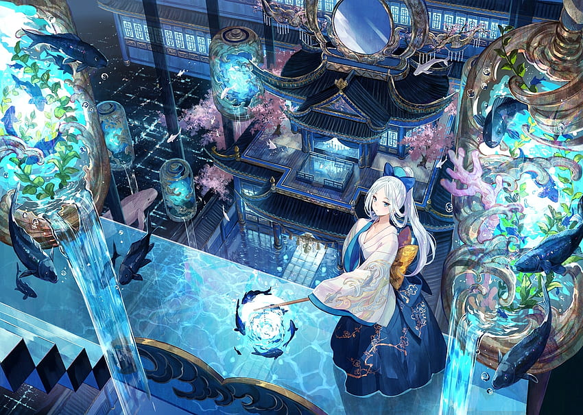 Das Wasserzimmer, Blau, Zeug, Mädchen, Fuji Choko, Sommer, Pink, Anime, Fisch, Luminos, Wasser, Manga HD-Hintergrundbild
