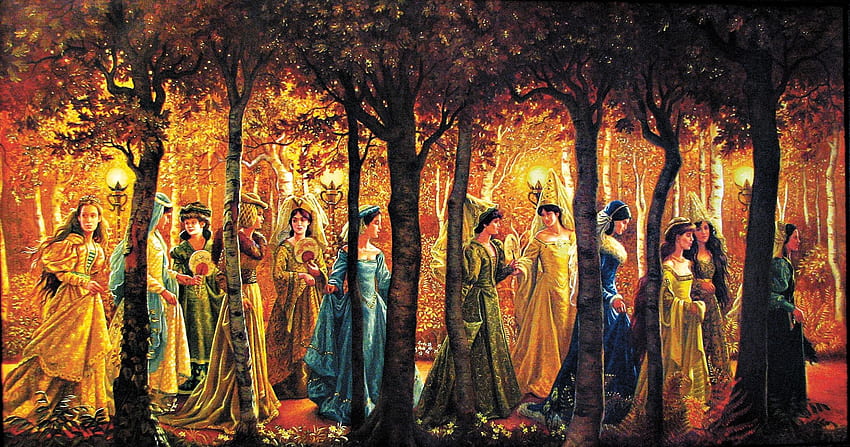 The twelve dancing princesses, art, fantasy, garden, girl, forest, illustration, tree, kinuko y craft HD wallpaper