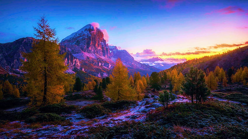 Sunrise in the Dolomites, Italy, morning, autumn, trees, landscape, sky, mountains, alps HD wallpaper