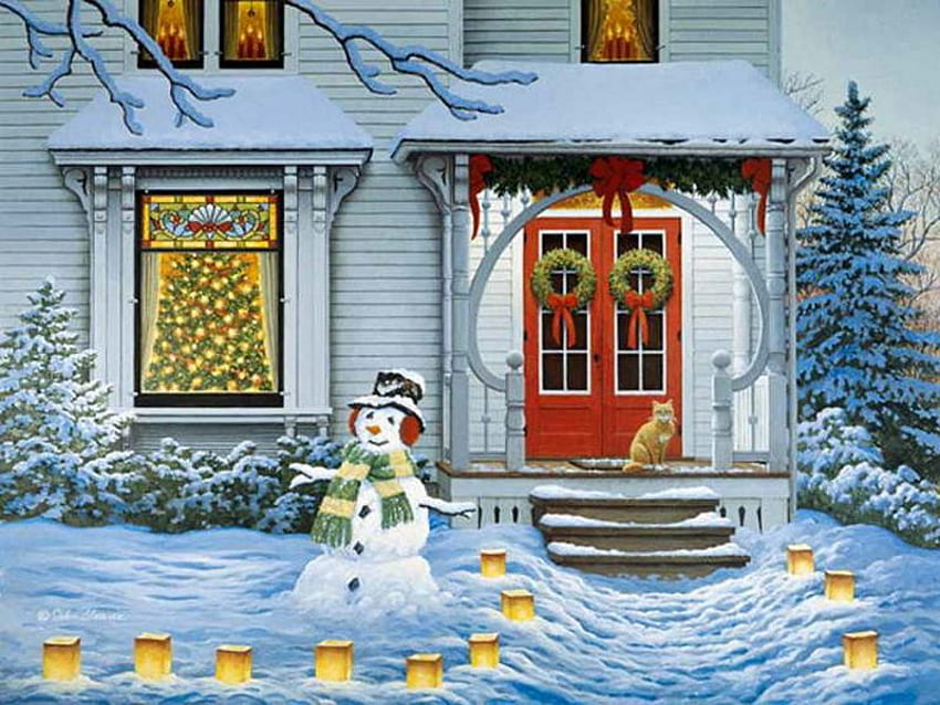 Xmas, winter, snowman, holiday, door, snow, christmas, tree HD wallpaper