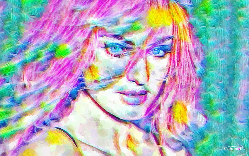 Candice Swanepoel, blue, colorful, model, art, girl, woman, cehenot, pink, painting, abstract, pictura, portrait, green, yellow, face HD wallpaper