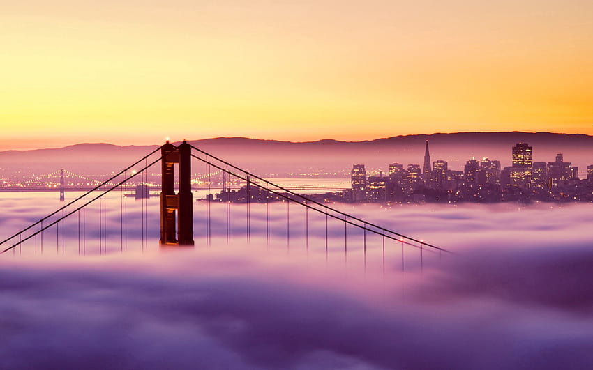 都市, 日没, 建物, ライト, 霧, 橋、サンフランシスコ 高画質の壁紙