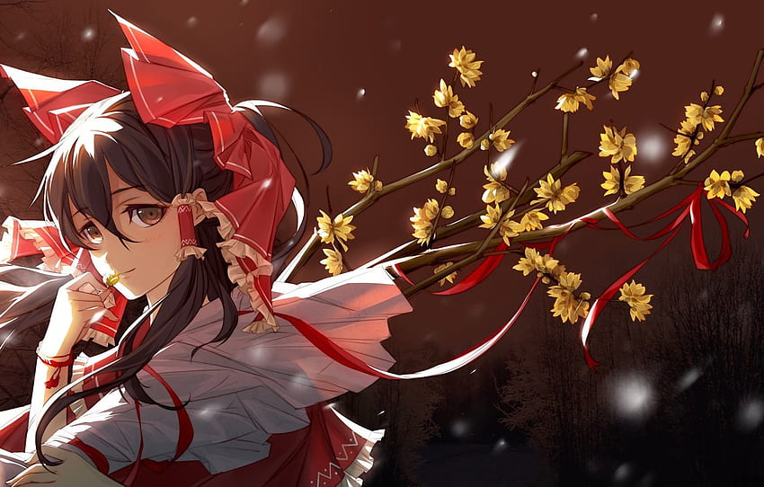 face, branch, bracelet, bow, flowering, touhou, bangs, Hakurei Reimu, Touhou Project, Project East for , section игры - HD wallpaper