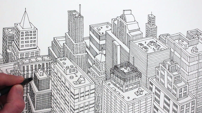 City in 3D Detail, a detailed pen drawing of a city HD wallpaper