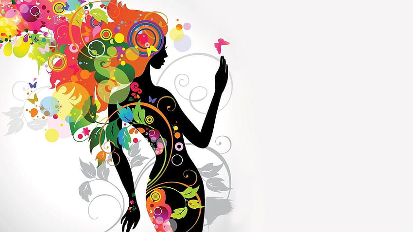 花の女性、蝶、カラフル、抽象、ファンタジー、花、女性 高画質の壁紙