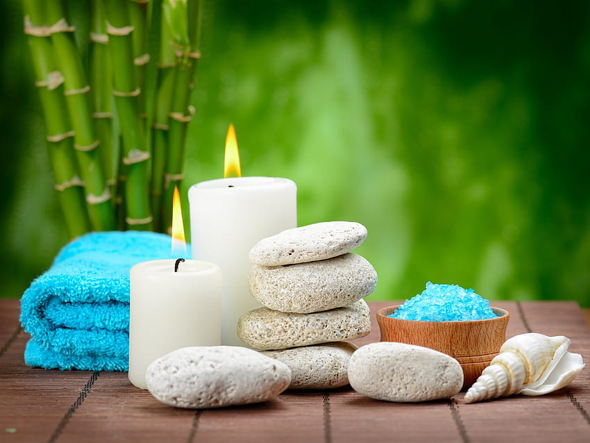 Blue Salt Spa, salts, white, zen, green, candles, bamboo, massages, pure HD wallpaper
