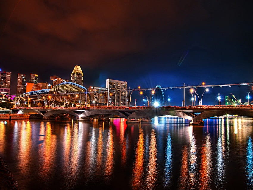 Singapur'da sıcak renkli gece, gece, nehir, renkli, renkler, alacakaranlık, yansımalar, güzel, alacakaranlık, gökdelenler, singapur, sıcak, şaşırtıcı, deniz, muhteşem, sıcak, güzel, asya, ışıklar, köprü, sular, romantik, güzel HD duvar kağıdı