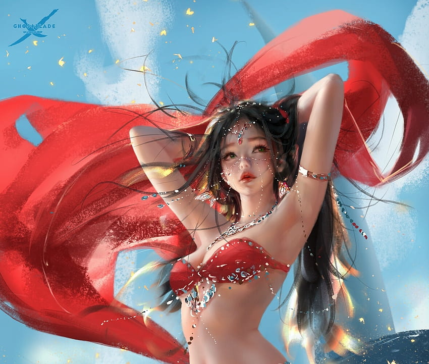 นักเต้น แดง สาว น้ำเงิน ศิลปะ wlop frumusete งดงาม ยอดเยี่ยม ลม อัญมณี จินตนาการ เจ้าหญิง วอลล์เปเปอร์ HD