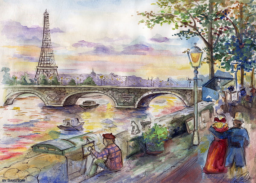 Arte, Pintura, Desenho, Paris, Ponte, Pintor papel de parede HD