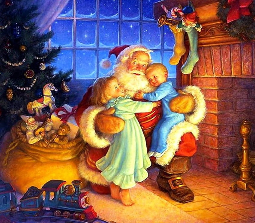 Christmas Day, artwork, children, bag, painting, chimney, gifts, santa HD wallpaper
