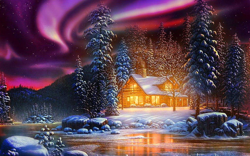 Winter Landscape, winter, house, landscape, aurora borealis, lake, snow, stone, trees, nature HD wallpaper