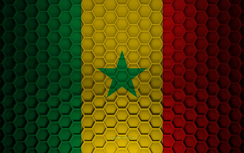 セネガルの旗、3 d の六角形のテクスチャ、セネガル、3 d テクスチャ、セネガルの 3 d フラグ、金属の質感、セネガルの旗 高画質の壁紙