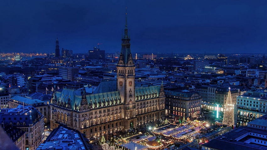 ハンブルク、ドイツ、市庁舎、夜の街、エリア、建物のタブレット、ノート パソコンの背景 高画質の壁紙