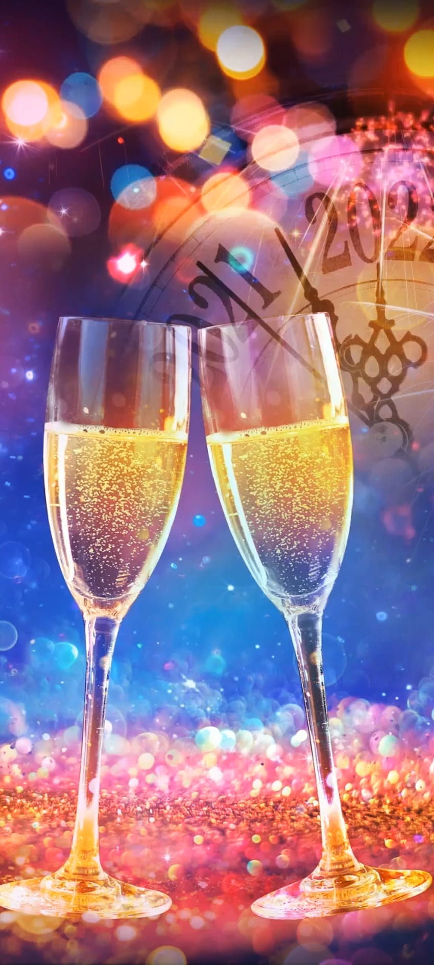 Szczęśliwego Nowego Roku, kieliszek do wina, zastawa stołowa, świętuj, festiwal, 2022, brokat, zegar, impreza Tapeta na telefon HD