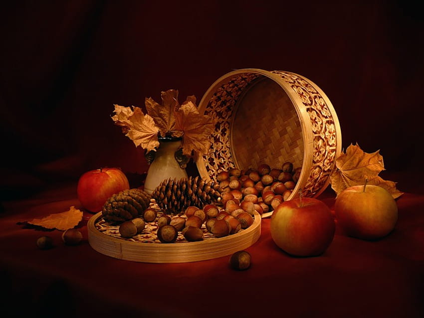 Autumn, basket, apples, leaves, acorns, fall, vase, fruit HD wallpaper