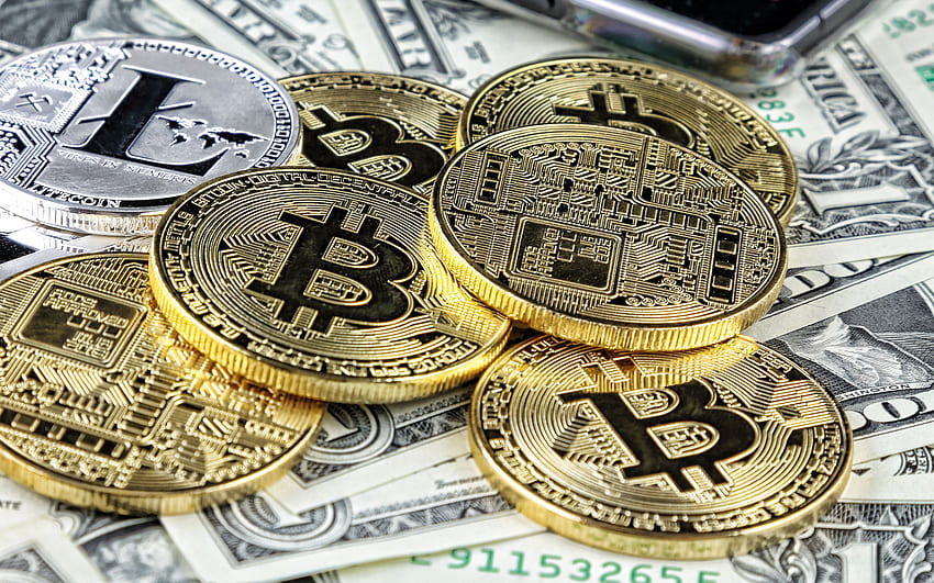 Bitcoin, BTC, monete d'oro, segni d'oro, dollari americani, moneta elettronica, concetti finanziari, monete BTC con risoluzione. Alta qualità Sfondo HD