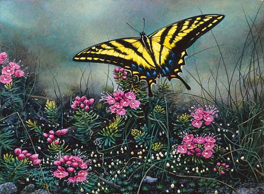 アゲハチョウ、アート、黄色のアゲハチョウ、庭、ピンクの花、霧 高画質の壁紙
