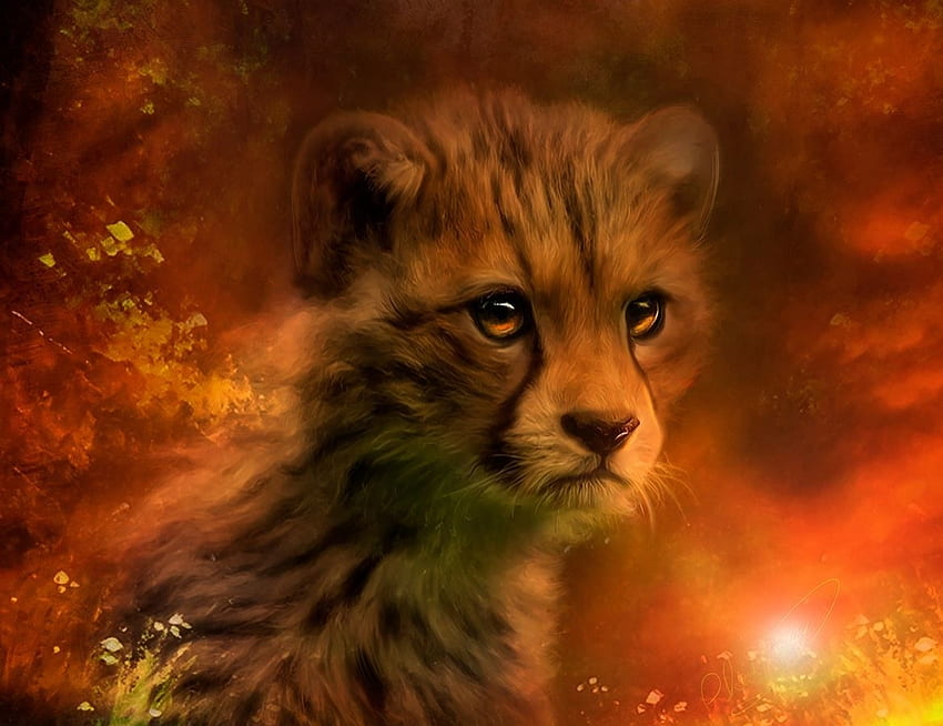 Cheetah cub, fantasy, cub, art, painting, pictura, cute, cheetah, animal, orange, red HD wallpaper