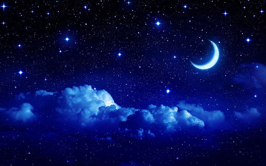Night moon romance love stars sky clouds ., Night Sky Moon HD wallpaper