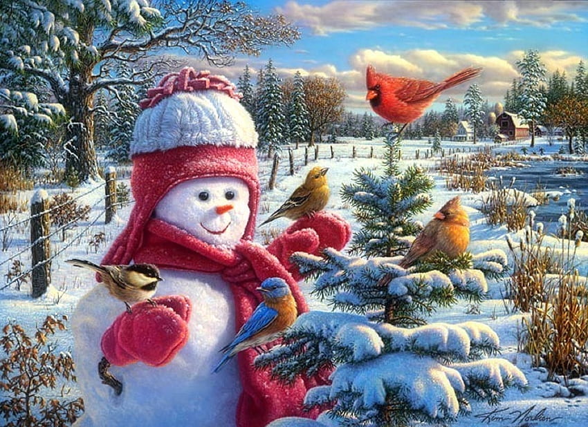 Snowbaby Grace, winter, holidays, birds, attractions in dreams, paintings, snowman, love four seasons, Christmas Tree, Christmas, snow, xmas and new year, cardinals HD wallpaper