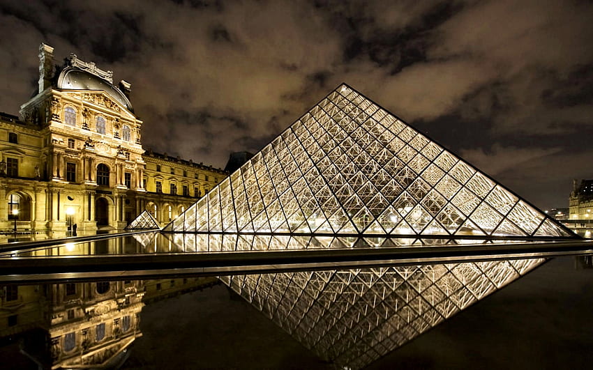 Louvre Museum, architektura, grafika, Francja, piękny, sceneria, szeroki ekran, nowoczesny, , Paryż Tapeta HD
