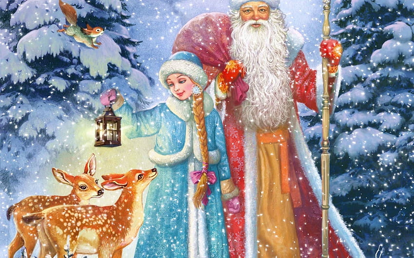 Santa claus, Lantern, Art, Squirrel, Snow maiden, Deer HD wallpaper