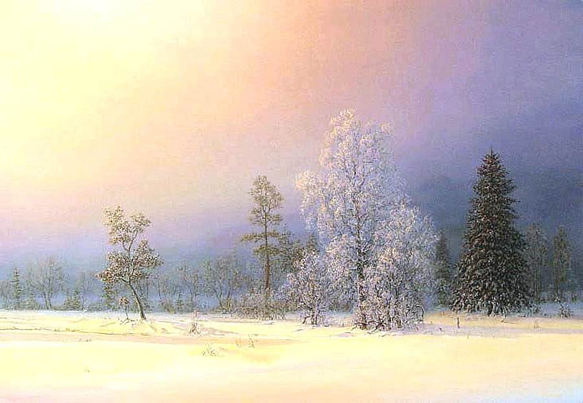 Sergey Panin. Gentle day, winter, sergey panin, painting, art, nature, sunrise, tree HD wallpaper