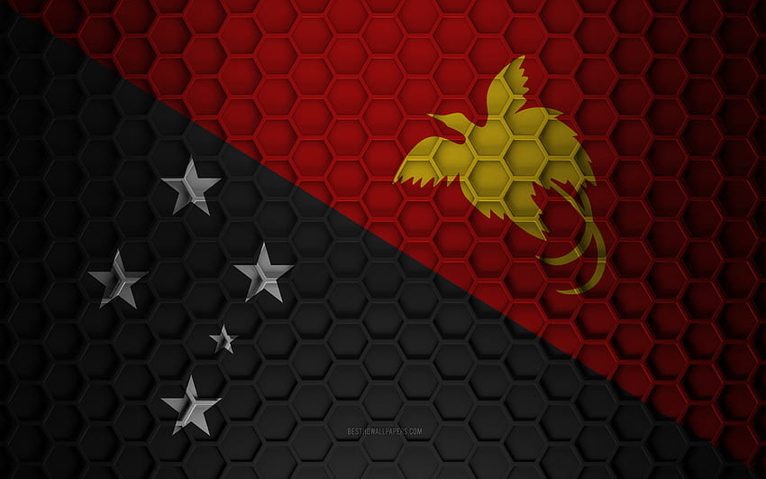 Bendera Papua Nugini, tekstur segi enam 3d, Papua Nugini, tekstur 3d, bendera 3d Papua Nugini, tekstur logam, bendera Papua Nugini Wallpaper HD