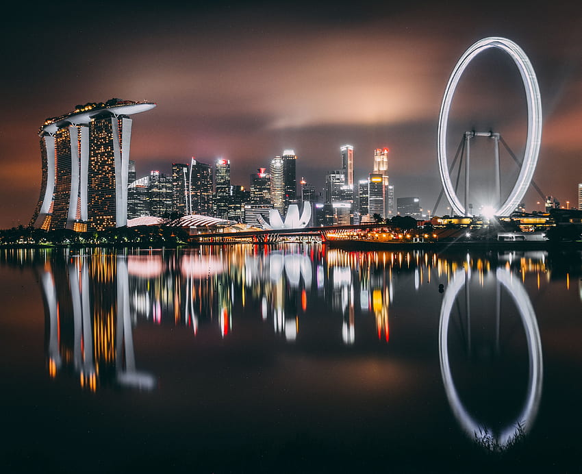 Ciudades, Noche, Edificio, Orilla, Banco, Rascacielos, Singapur fondo de pantalla
