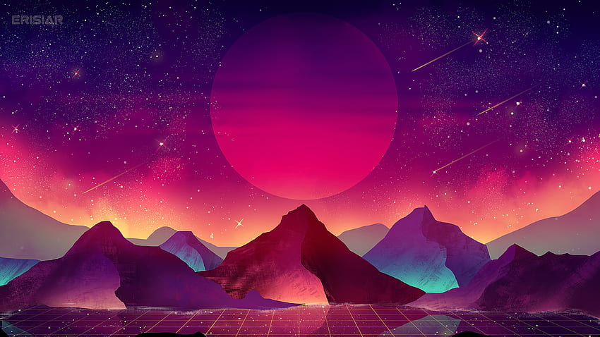 Terrain, vaporwave, moon, mountains, landscape, art HD wallpaper