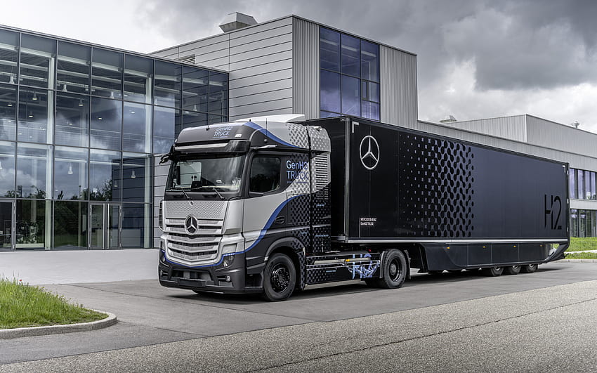 Mercedes-Benz GenH2 Truck, 2021, ภายนอก, มุมมองด้านหน้า, Fuel-cell Hydrogen Truck, Daimler Trucks, รถบรรทุกไฮโดรเจน, Mercedes-Benz Actros, การขนส่งสินค้า, Mercedes-Benz วอลล์เปเปอร์ HD