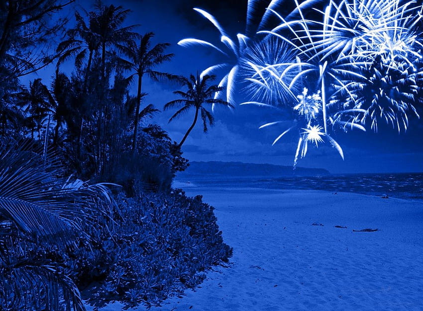 fuochi d'artificio blu sull'isola, fuochi d'artificio, nuvole, alberi, astratti Sfondo HD