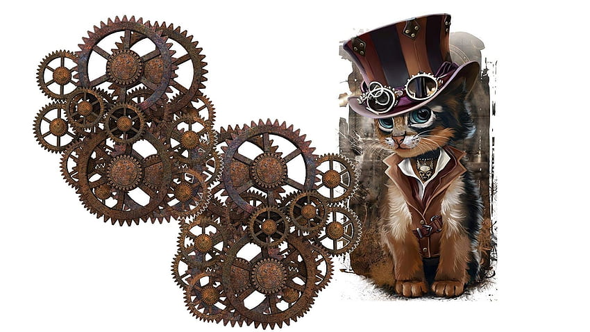 Steampunk Cats cogwheel Hat Fantasy eyeglasses HD wallpaper