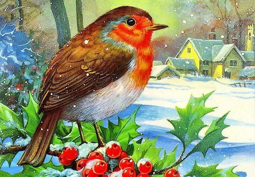 Uccello di Natale, inverno, pittura, uccello, arte, neve, natale Sfondo HD