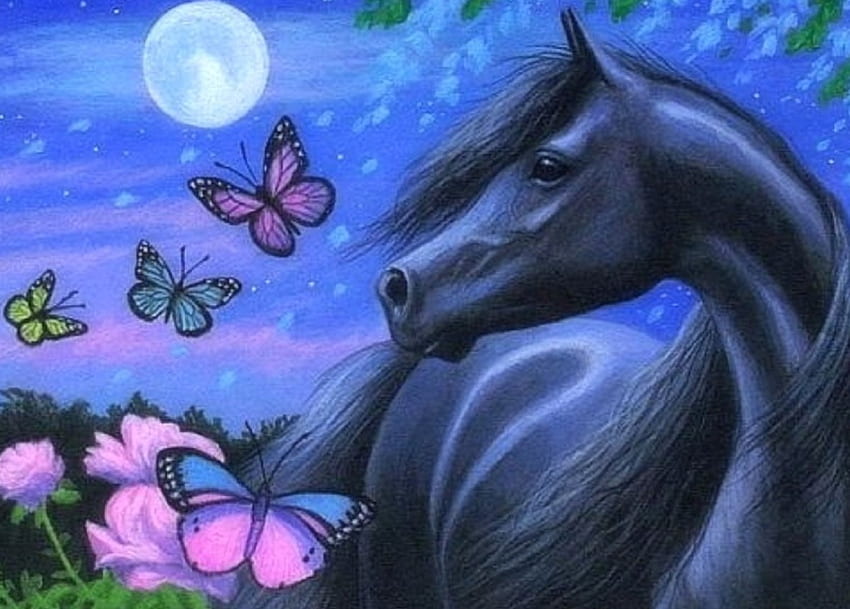 Moonlight Black Horse, обичам четири сезона, коне, черни, животни, рисувайте и рисувайте, дизайни на пеперуди, картини, луни HD тапет