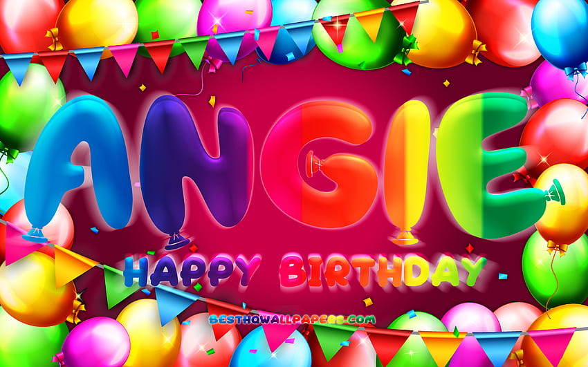 Happy Birtay Angie, , colorful balloon frame, Angie name, purple background, Angie Happy Birtay, Angie Birtay, popular american female names, Birtay concept, Angie HD wallpaper