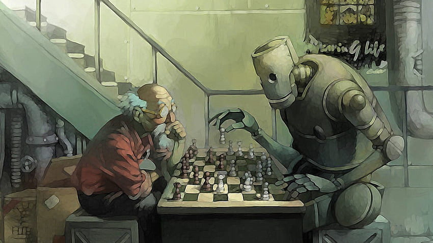 Stary człowiek gra w szachy z robotem. Roboty dzieła sztuki, Robot , Sztuka Tapeta HD
