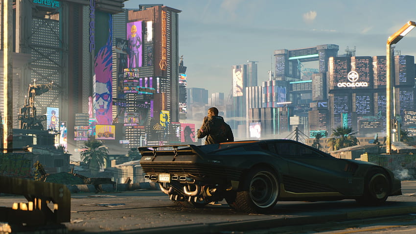 Cyberpunk 2077, man with future car, video game HD wallpaper