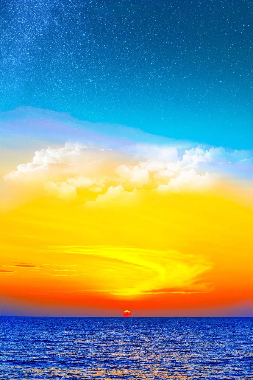 blue sea under blue, white, and orange sky during sunset digital, Blue Ocean Sunset HD phone wallpaper