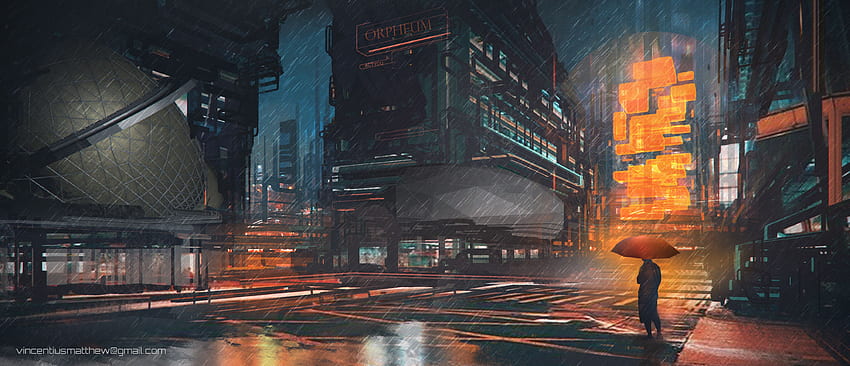 Rainy Night Man With Umbrella Scifi Drawings Digital Art, Artist, , , Background, and, Rain Abstract Art Tapeta HD